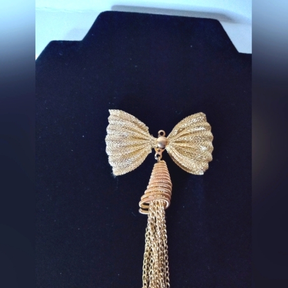 Bow Pendant Gold Tone Mesh Metal With Chain Fringe Tassel Pendant Only Vintage - Picture 4 of 5